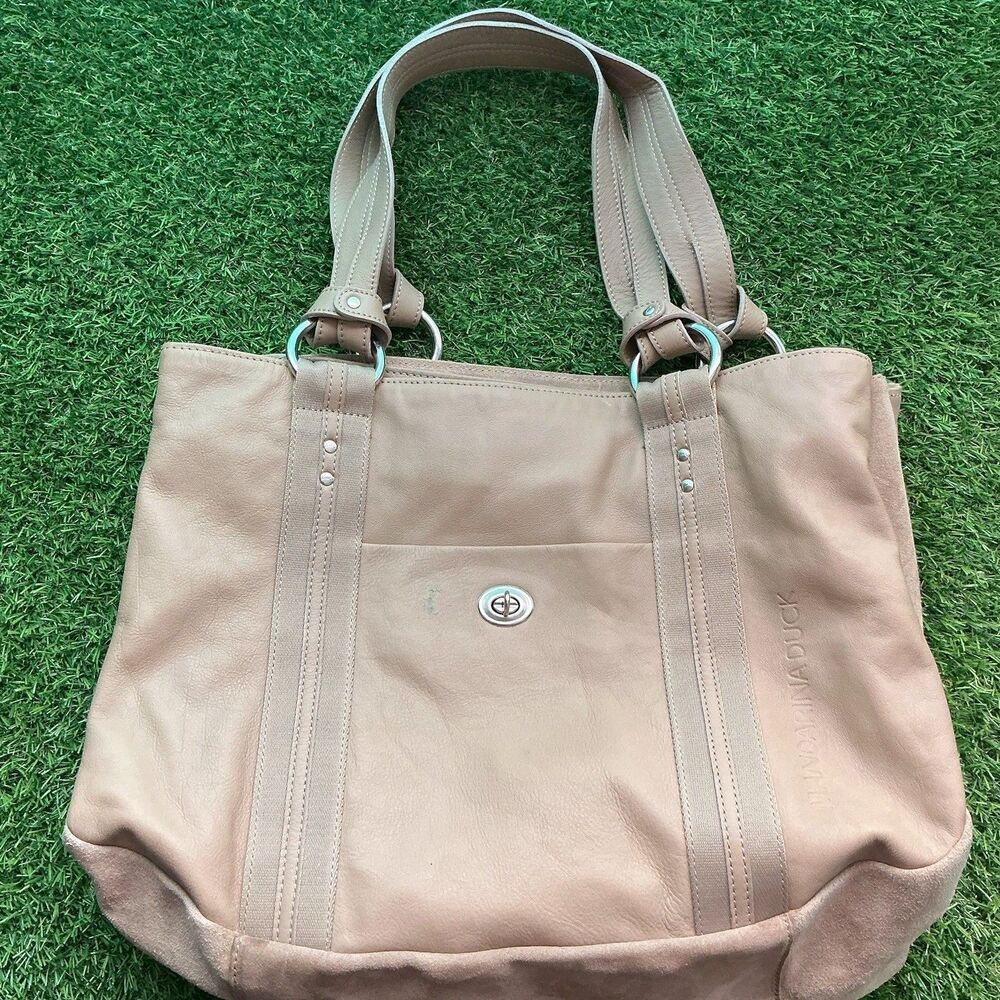 Mandarina Duck Tan Leather Suede Tote Shoulder Bag Triple Zip Turn Lock Purse